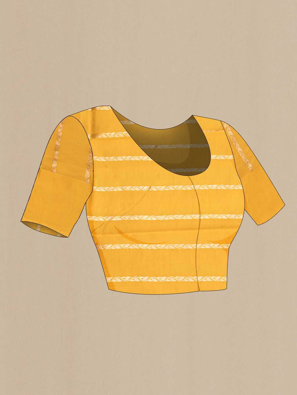 Close up image of the blouse of Mustard Dual Tone Tussar Silk Saree with Zari Butta on the body and Fancy Border. 
