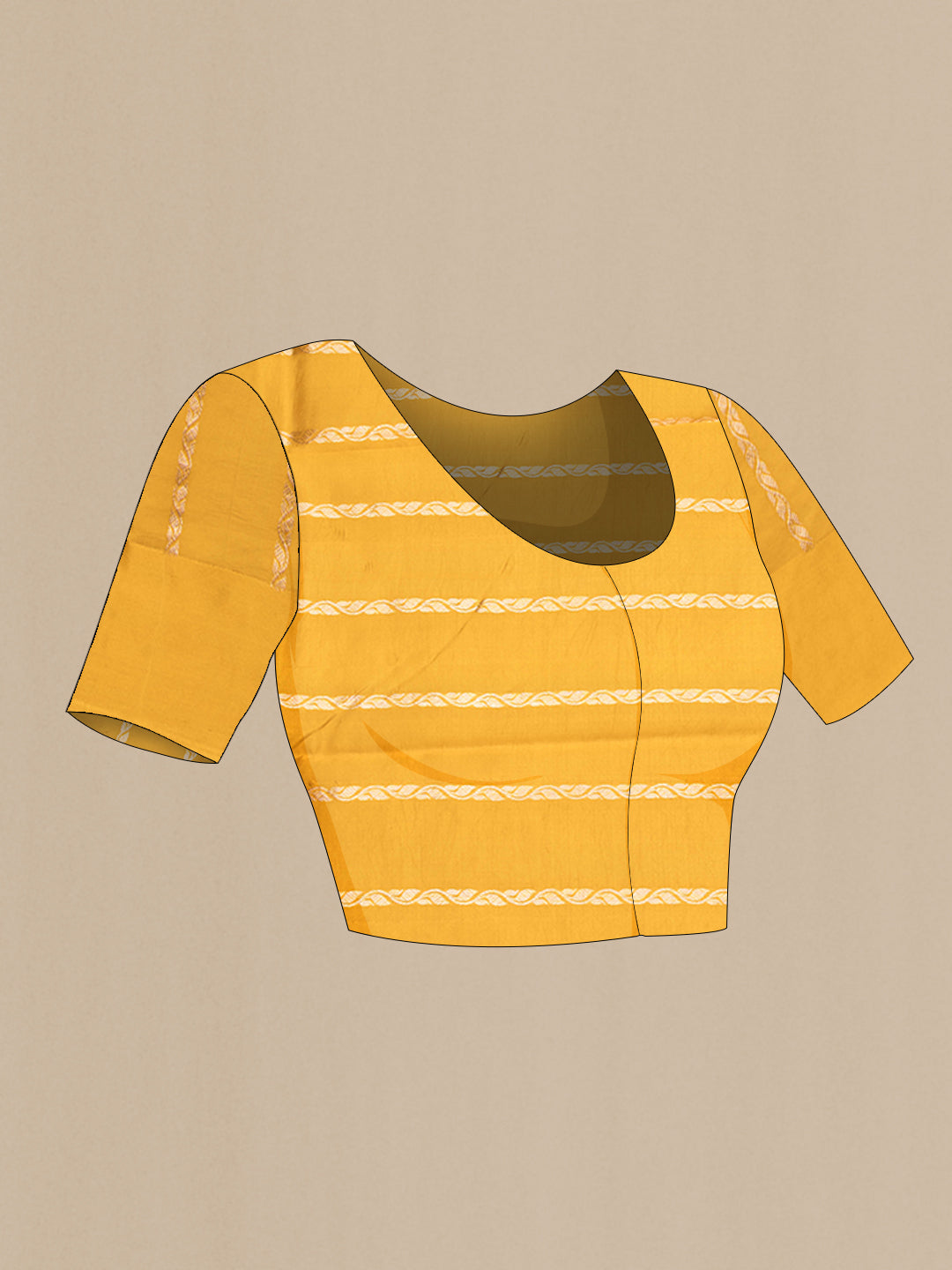 Close up image of the blouse of Mustard Dual Tone Tussar Silk Saree with Zari Butta on the body and Fancy Border. 