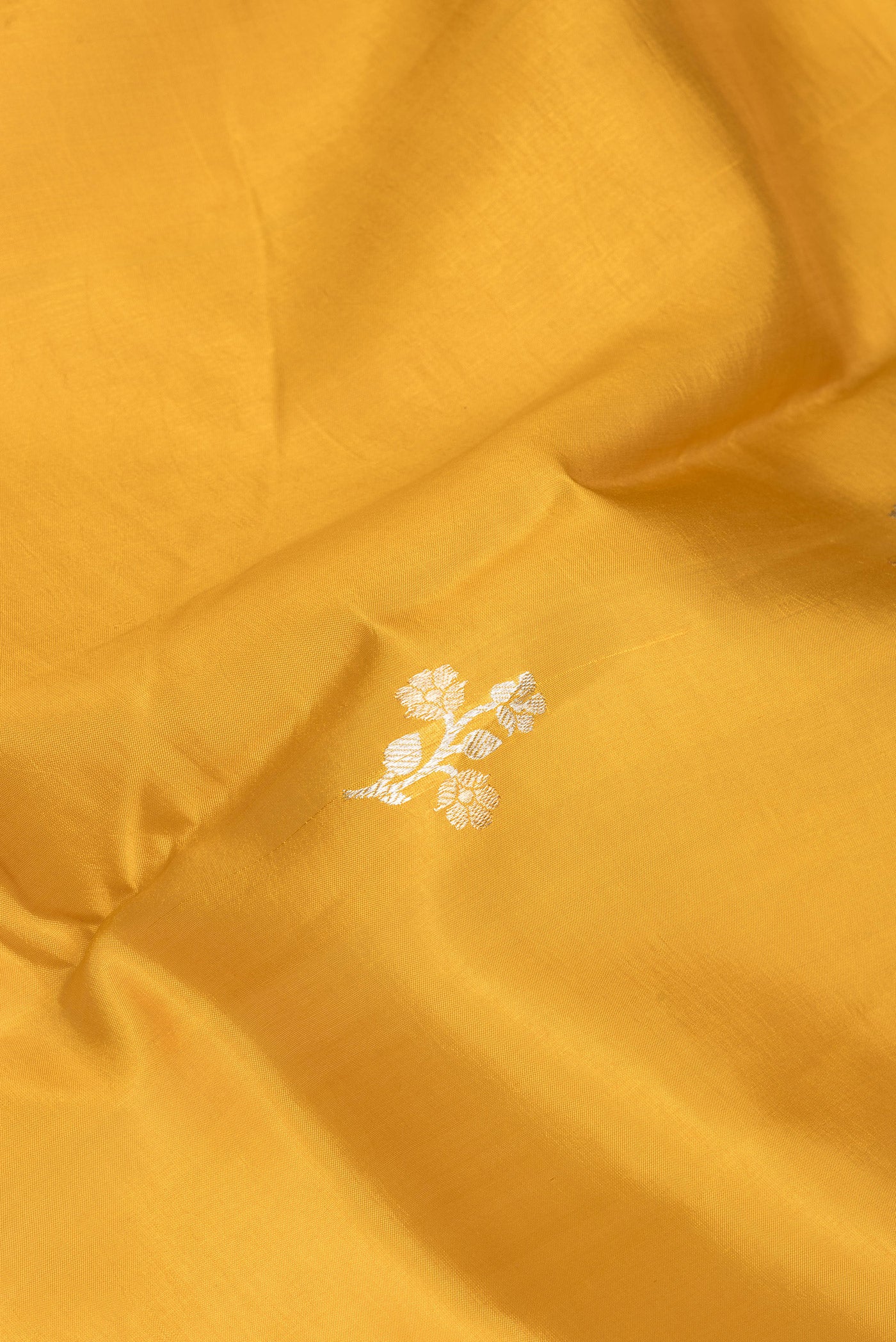 Close up of Mustard Dual Tone Tussar Silk Saree with Zari Butta on the body and Fancy Border.  displaying folds