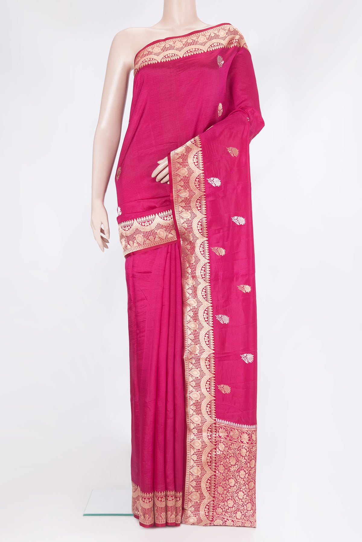 Dark Pink Tussar Silk Saree with Zari Butta on the body and Zari Border.  displayed on a mannequin