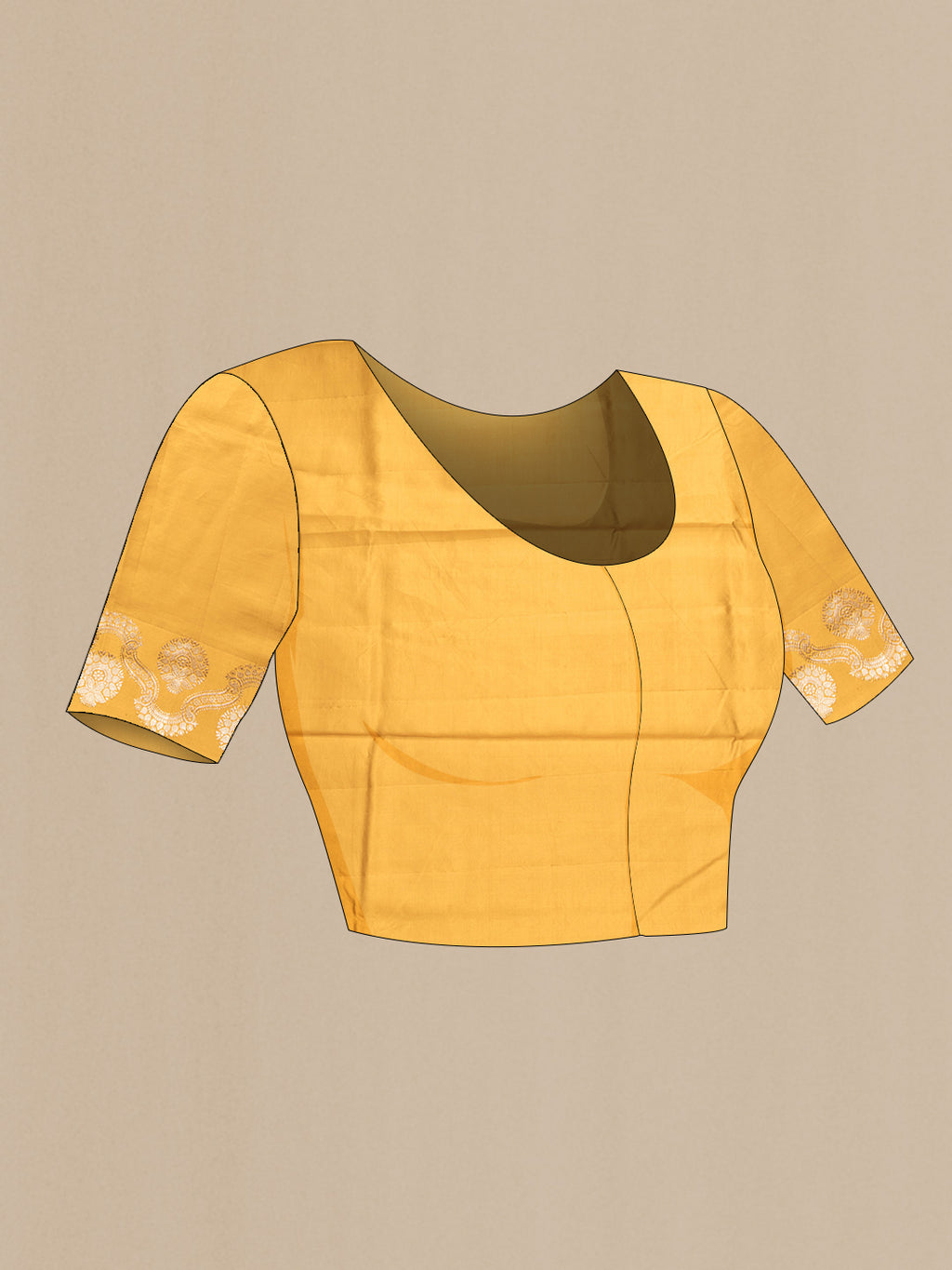 Close up image of the blouse of Mustard Dual Tone Tussar Silk Saree with Zari Butta on the body and Fancy Border. 