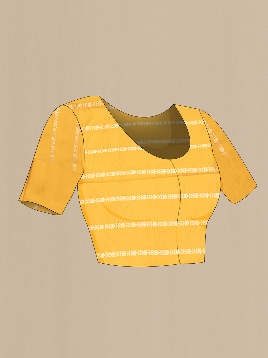 Close up image of the blouse of Mustard Dual Tone Tussar Silk Saree with Zari Butta on the body and Fancy Border. 
