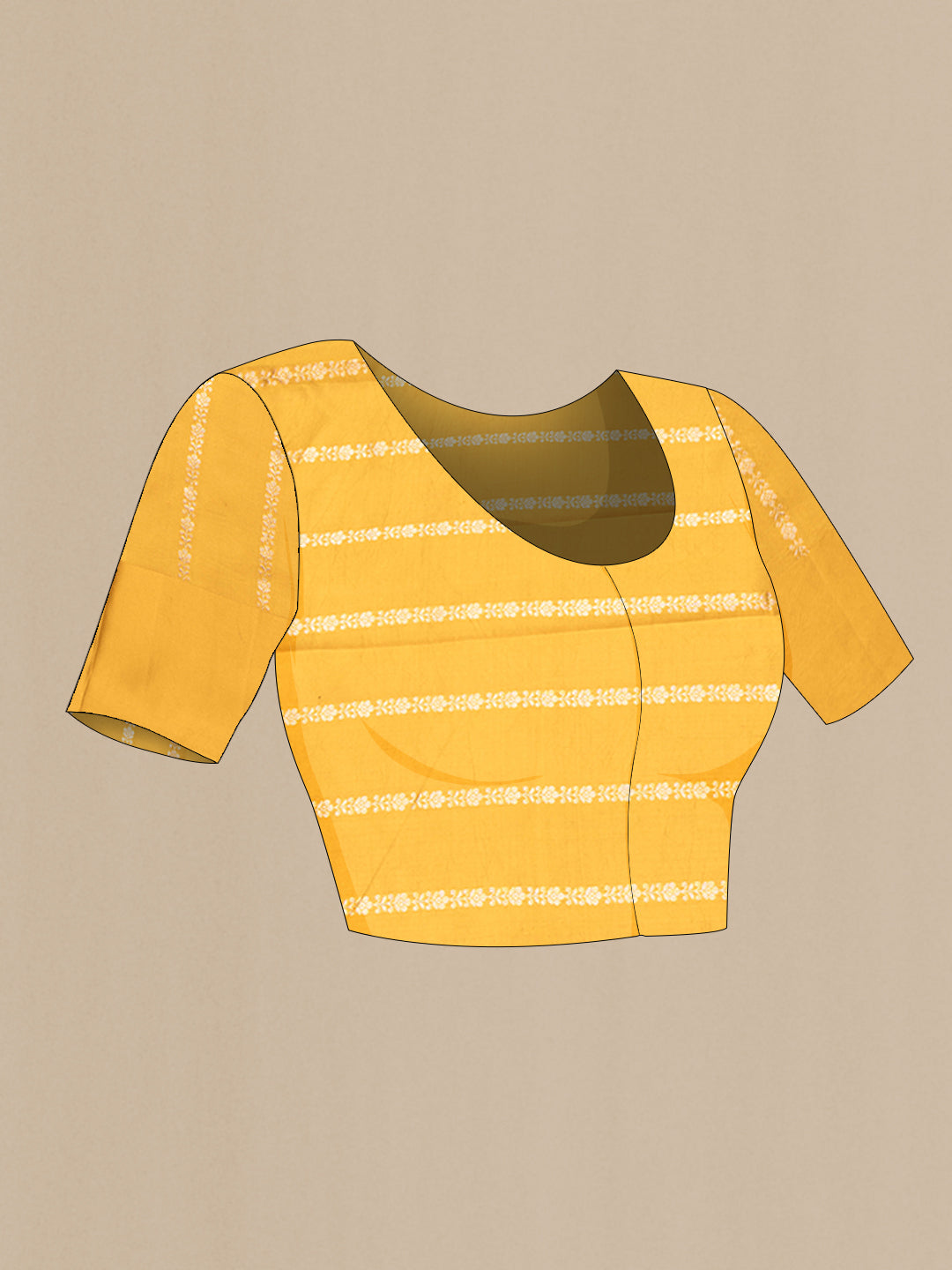 Close up image of the blouse of Mustard Dual Tone Tussar Silk Saree with Zari Butta on the body and Fancy Border. 