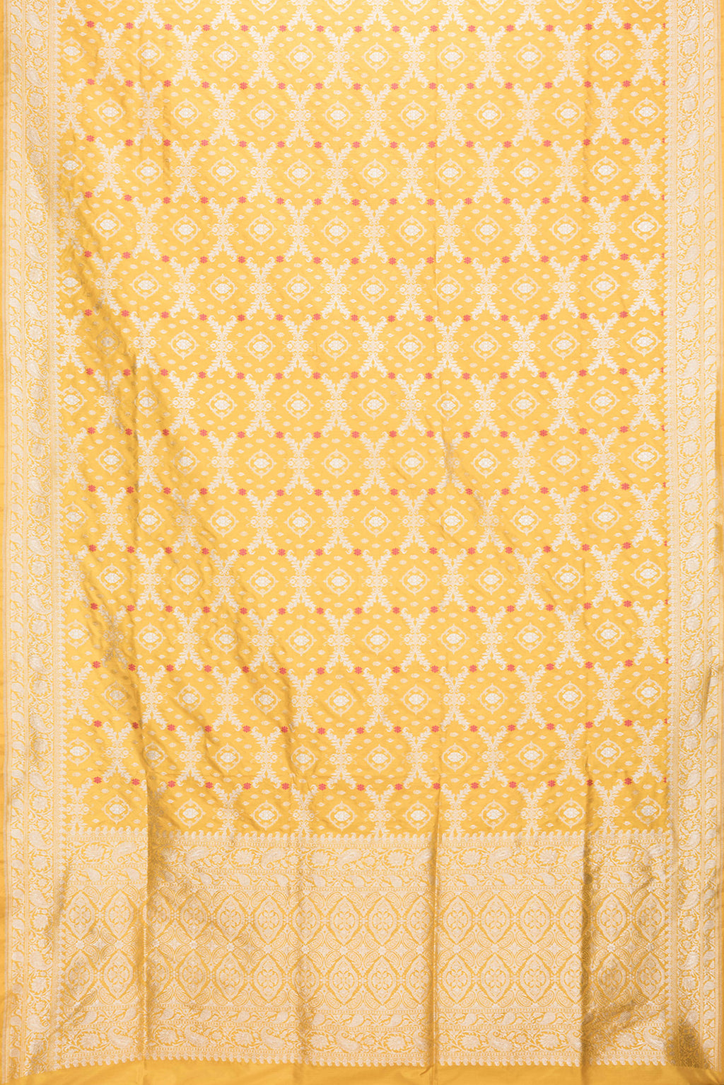 Flat view of Mustard Dual Tone Banarasi Silk Saree with Zari Brocade on the body and Zari Border. 