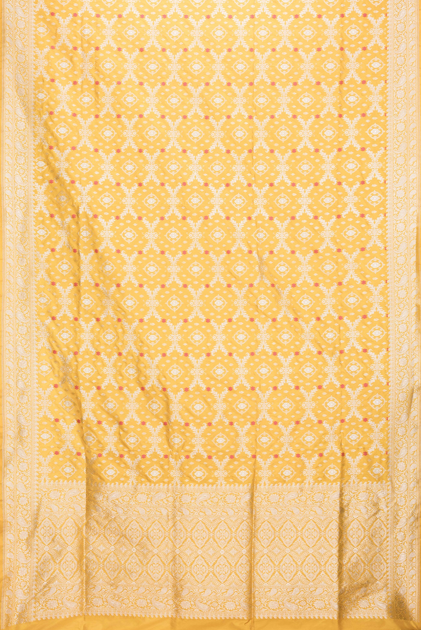 Flat view of Mustard Dual Tone Banarasi Silk Saree with Zari Brocade on the body and Zari Border. 