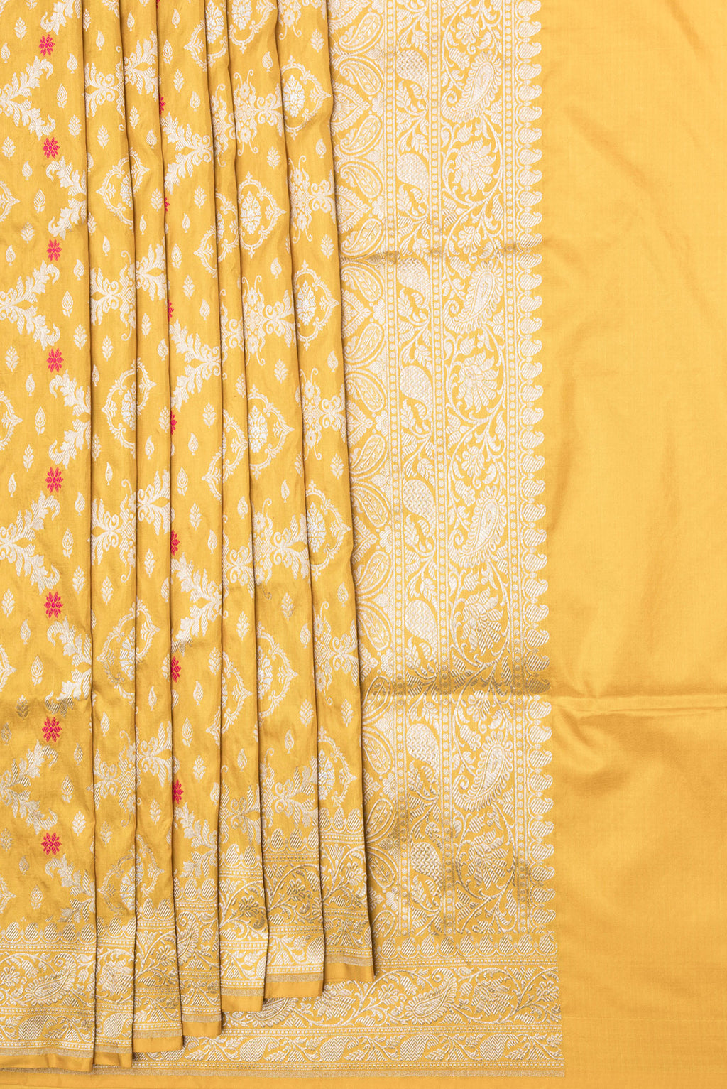 Pleats and pallu of Mustard Dual Tone Banarasi Silk Saree with Zari Brocade on the body and Zari Border. 