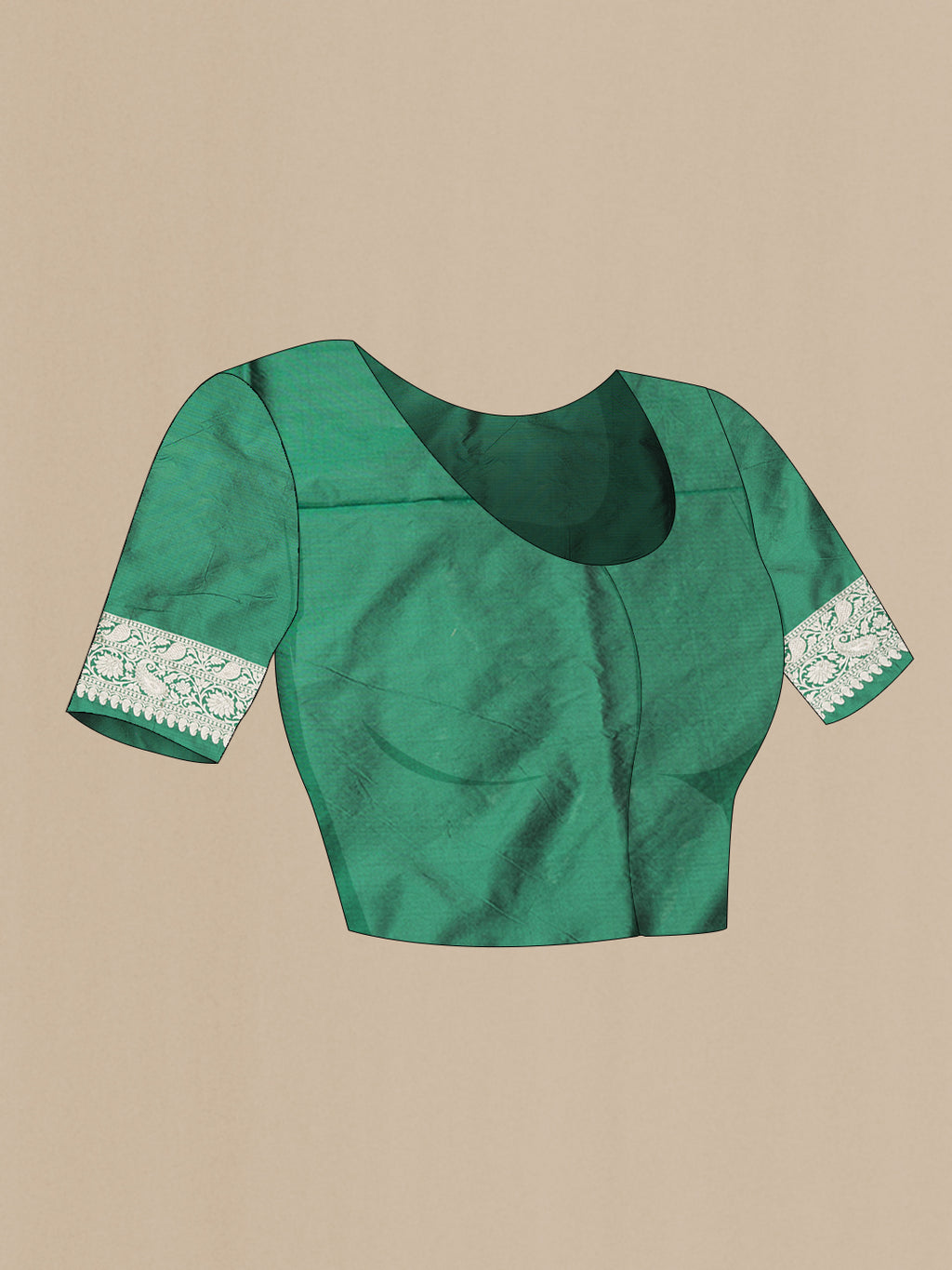 Close up image of the blouse of Bottle Green Dual Tone Banarasi Silk Saree with Zari Brocade on the body and Zari Border. 