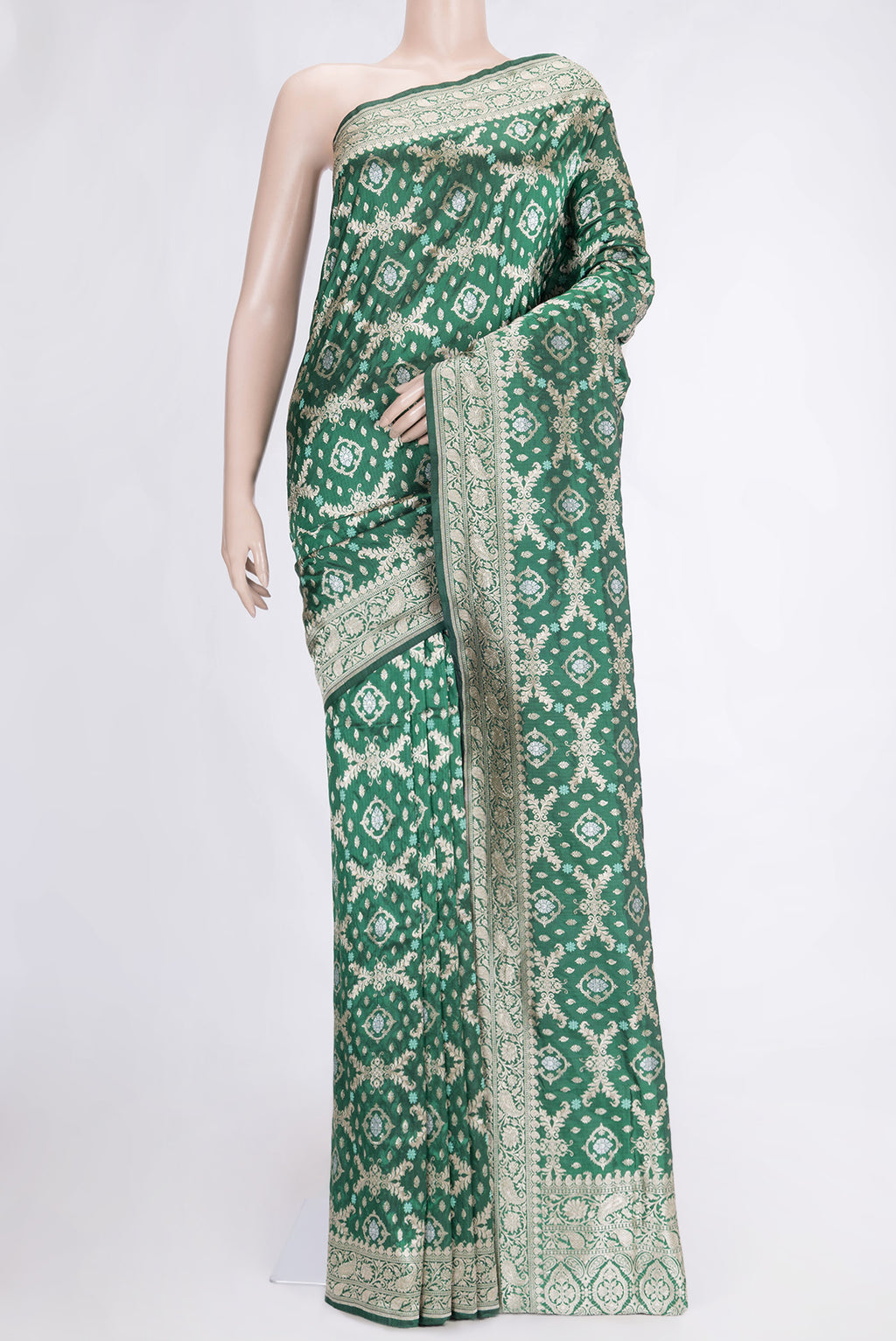 Bottle Green Dual Tone Banarasi Silk Saree with Zari Brocade on the body and Zari Border.  displayed on a mannequin