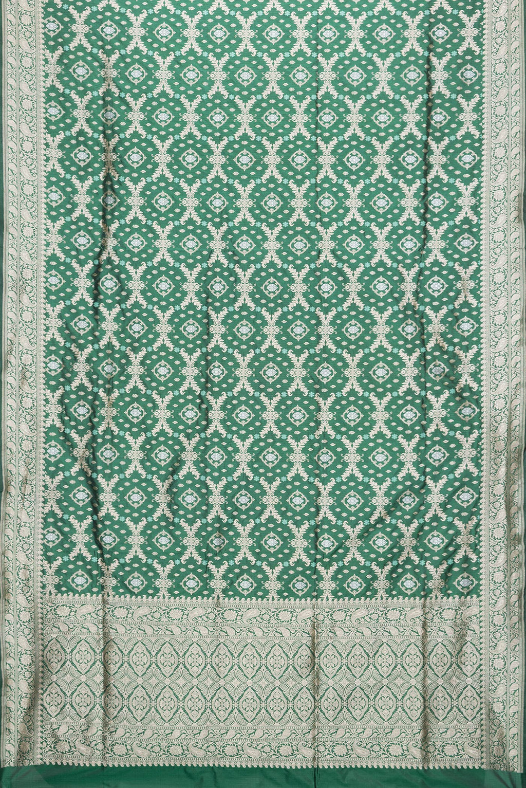 Flat view of Bottle Green Dual Tone Banarasi Silk Saree with Zari Brocade on the body and Zari Border. 
