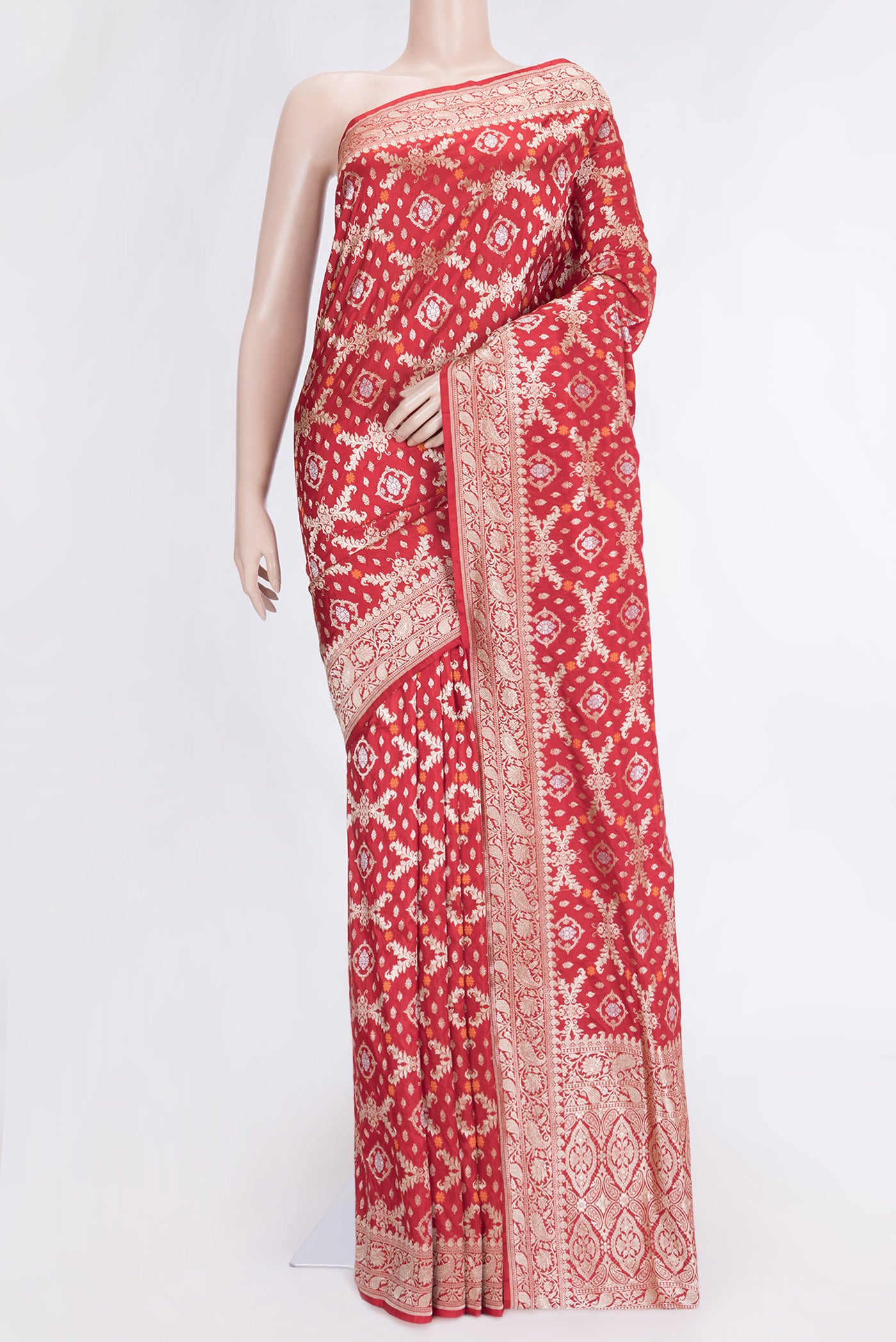 Red Dual Tone Banarasi Silk Saree with Zari Brocade on the body and Zari Border.  displayed on a mannequin