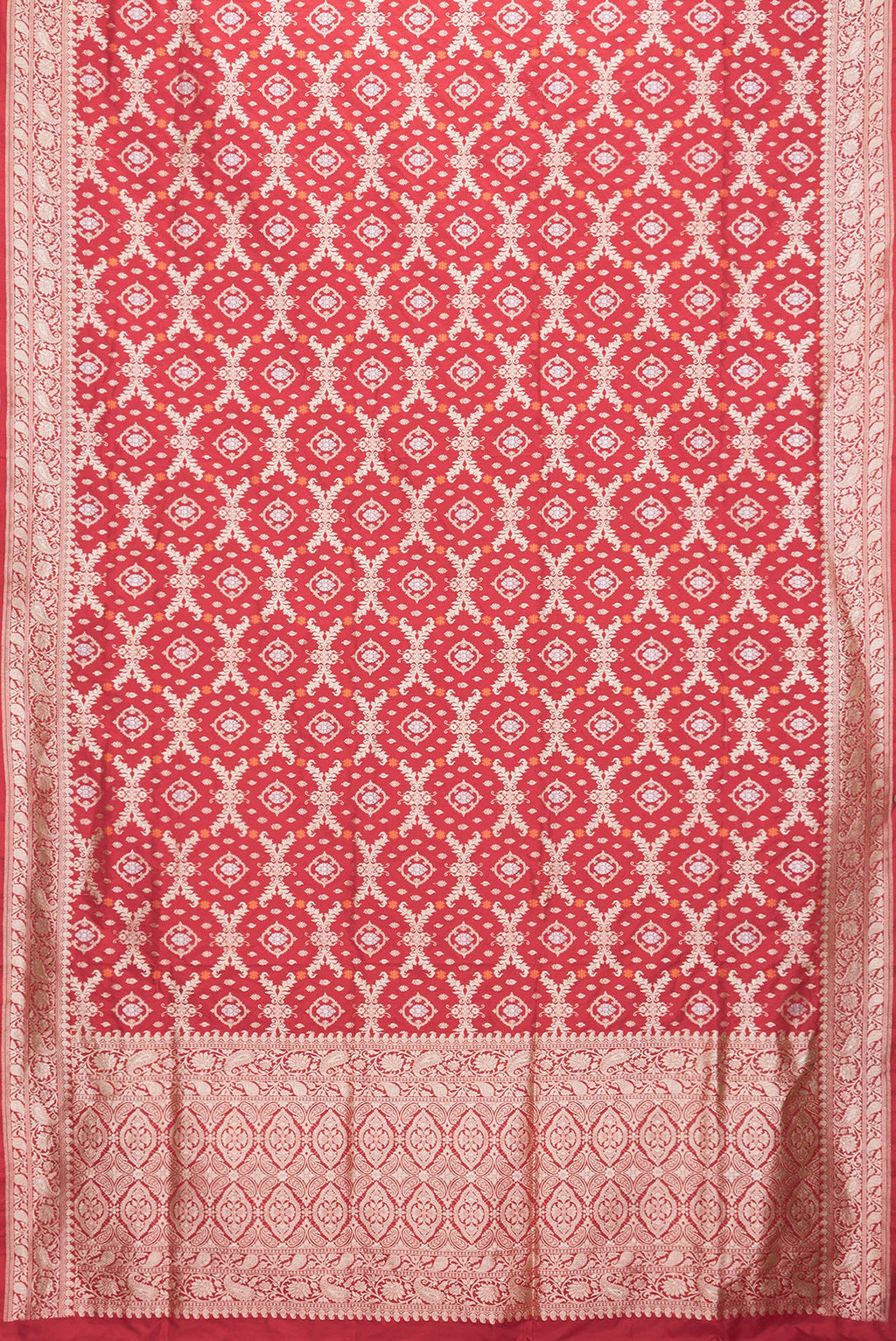 Flat view of Red Dual Tone Banarasi Silk Saree with Zari Brocade on the body and Zari Border. 