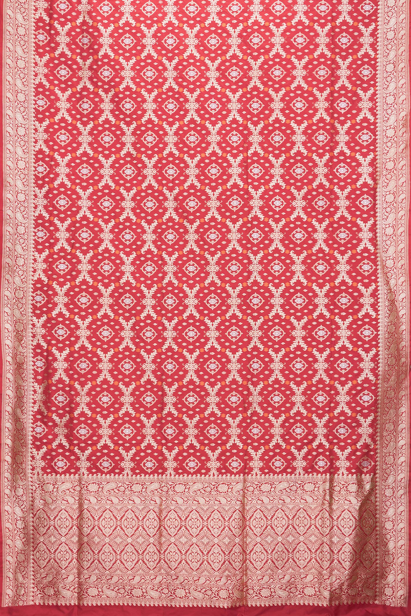 Flat view of Red Dual Tone Banarasi Silk Saree with Zari Brocade on the body and Zari Border. 