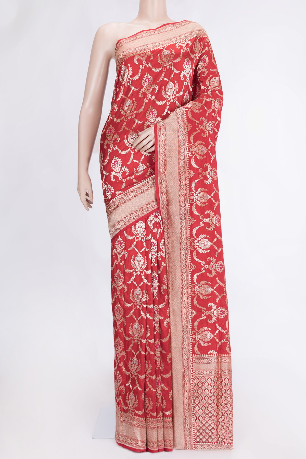 Red Dual Tone Banarasi Silk Saree with Zari Brocade on the body and Zari Border.  displayed on a mannequin