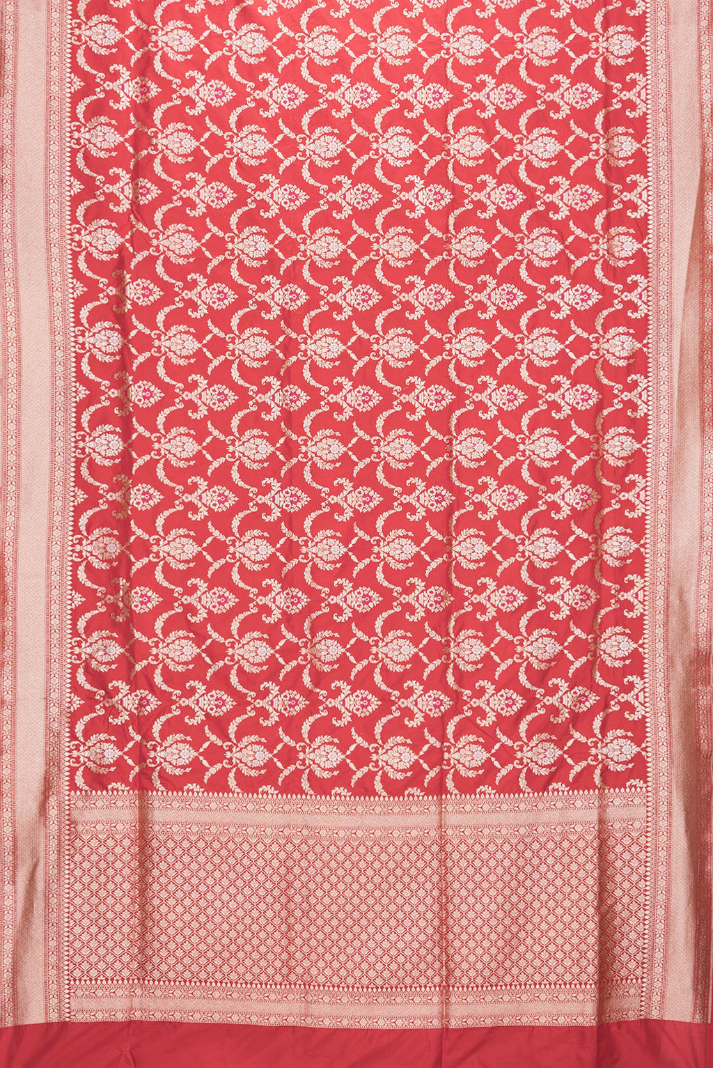 Flat view of Red Dual Tone Banarasi Silk Saree with Zari Brocade on the body and Zari Border. 