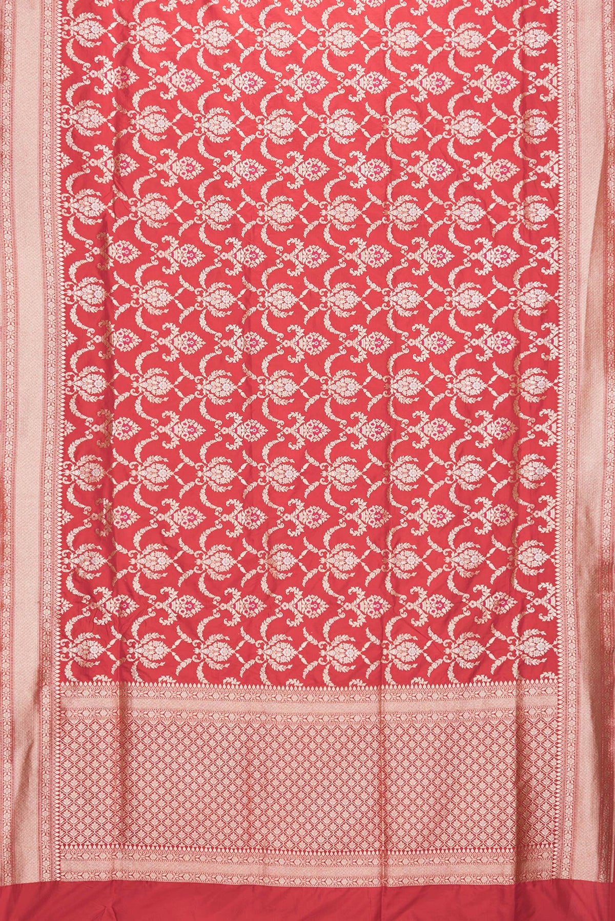 Flat view of Red Dual Tone Banarasi Silk Saree with Zari Brocade on the body and Zari Border. 