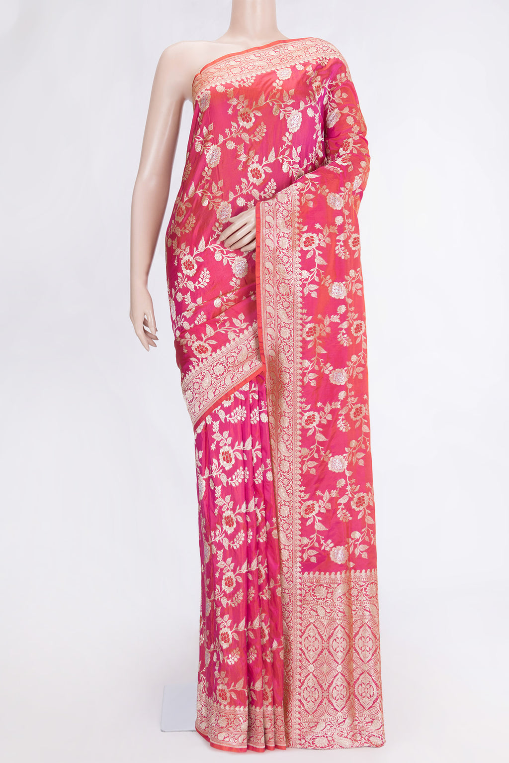 Pink Dual Tone Banarasi Silk Saree with Zari Brocade on the body and Zari Border.  displayed on a mannequin