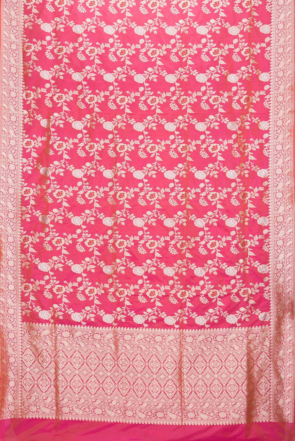 Flat view of Pink Dual Tone Banarasi Silk Saree with Zari Brocade on the body and Zari Border. 