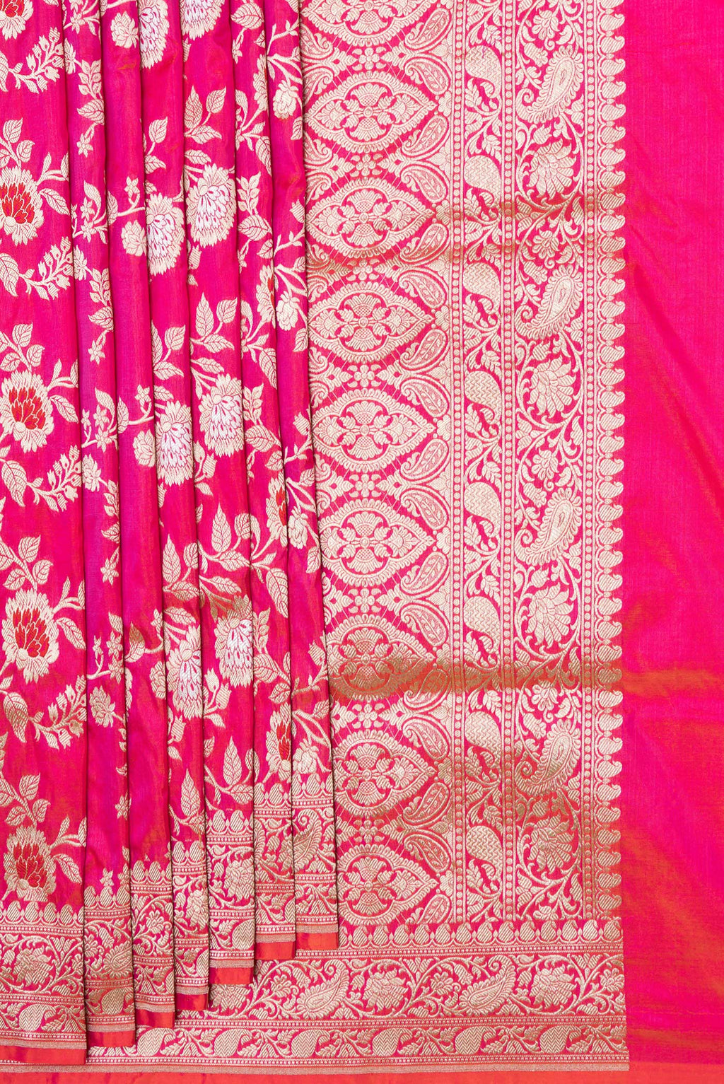 Pleats and pallu of Pink Dual Tone Banarasi Silk Saree with Zari Brocade on the body and Zari Border. 