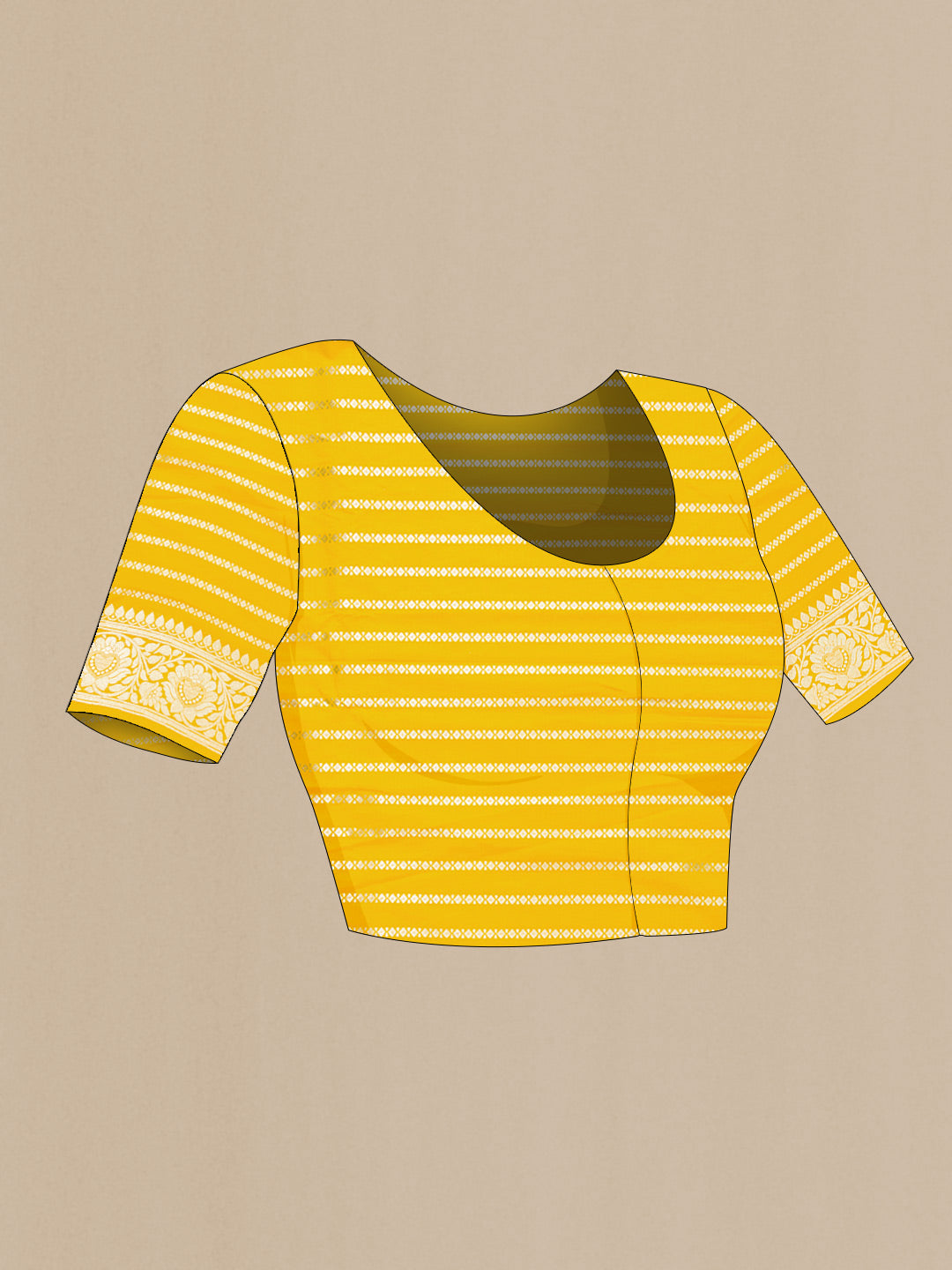 Close up image of the blouse of Yellow Dual Tone Blended Banarasi Silk Saree with Zari Brocade on the body and Zari Border. 