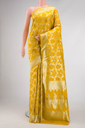 Yellow Dual Tone Blended Banarasi Silk Saree with Zari Brocade on the body and Zari Border.  displayed on a mannequin