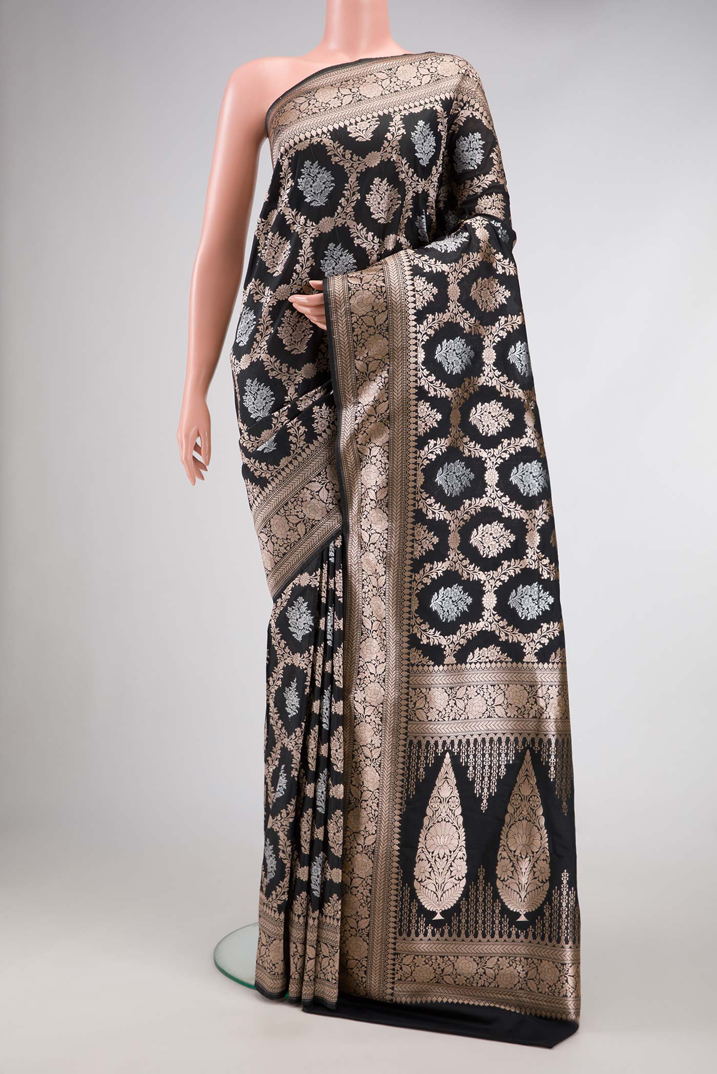 Black Dual Tone Blended Banarasi Silk Saree with Zari Brocade on the body and Zari Border.  displayed on a mannequin