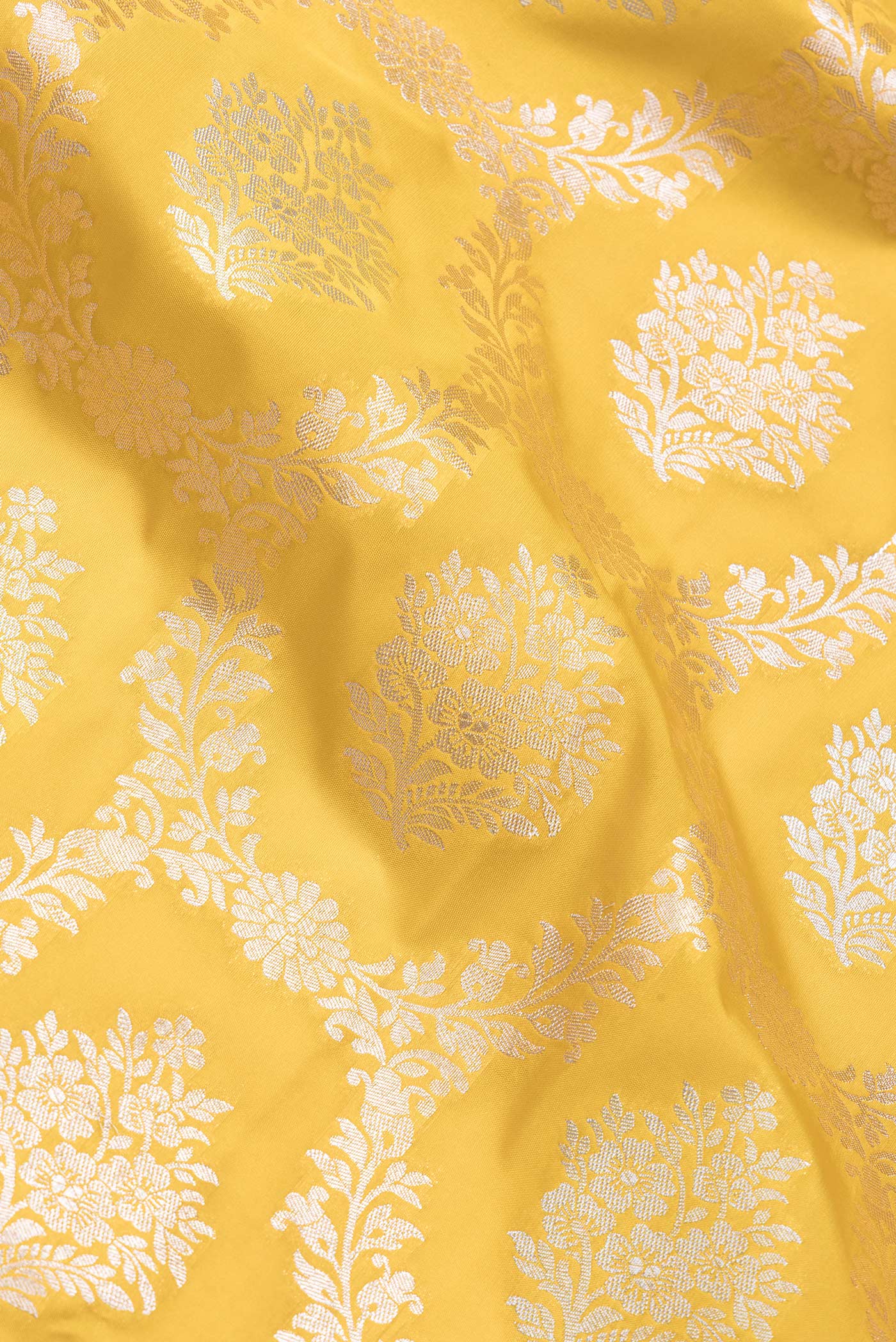 Close up of Yellow Dual Tone Blended Banarasi Silk Saree with Zari Brocade on the body and Zari Border.  displaying folds