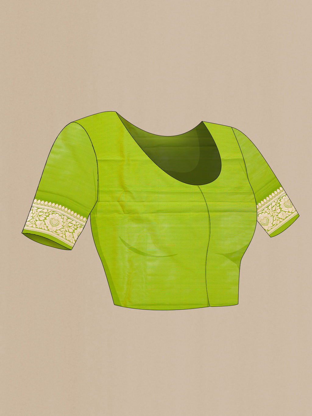 Close up image of the blouse of Green Dual Tone Blended Banarasi Silk Saree with Zari Brocade on the body and Zari Border. 