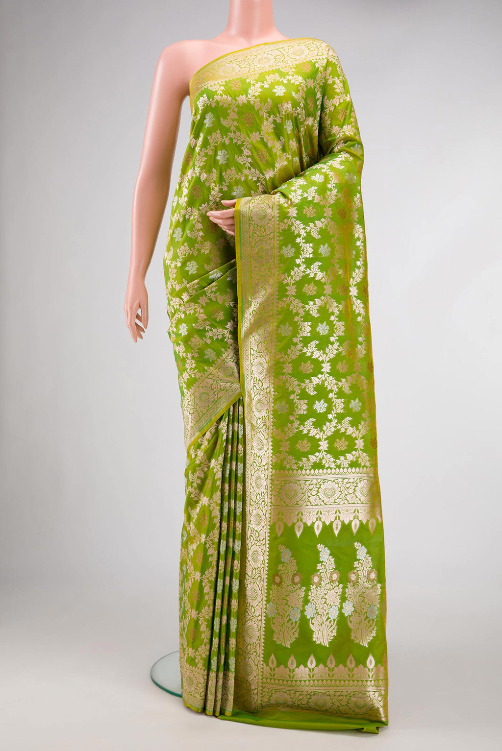Green Dual Tone Blended Banarasi Silk Saree with Zari Brocade on the body and Zari Border.  displayed on a mannequin