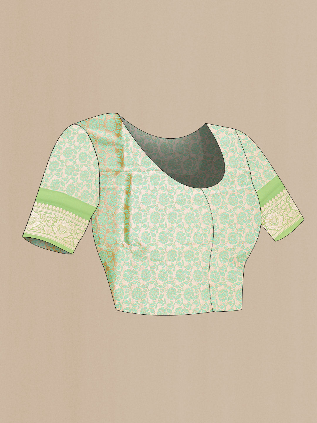 Close up image of the blouse of Pista Green Dual Tone Blended Banarasi Silk Saree with Zari Brocade on the body and Zari Border. 