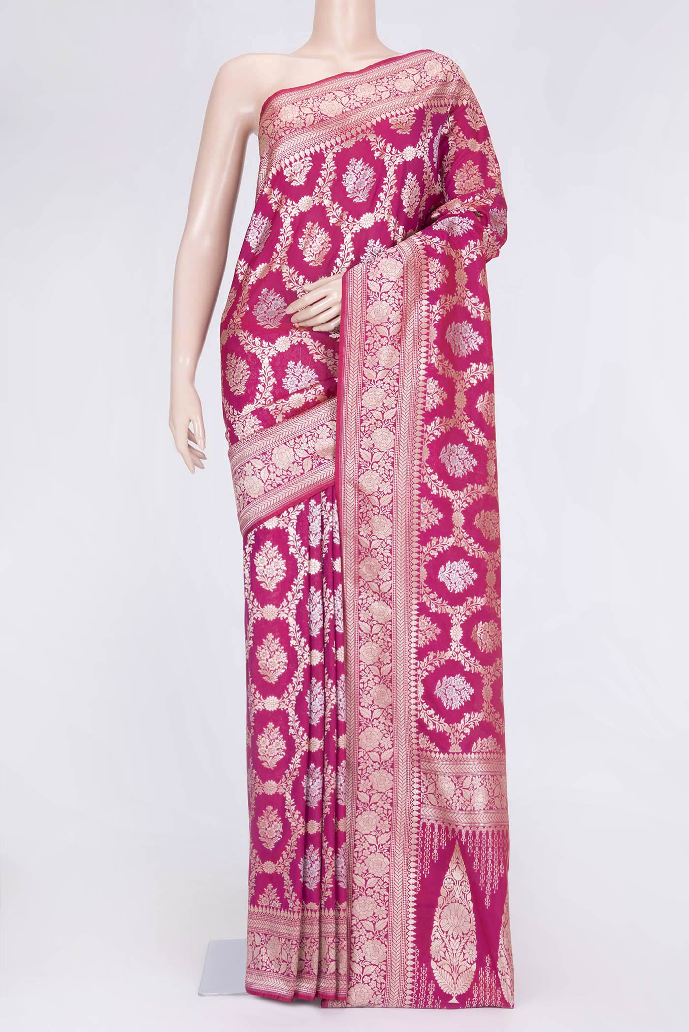 Dark Pink Dual Tone Blended Banarasi Saree with Zari Brocade on the body and Zari Border.  displayed on a mannequin