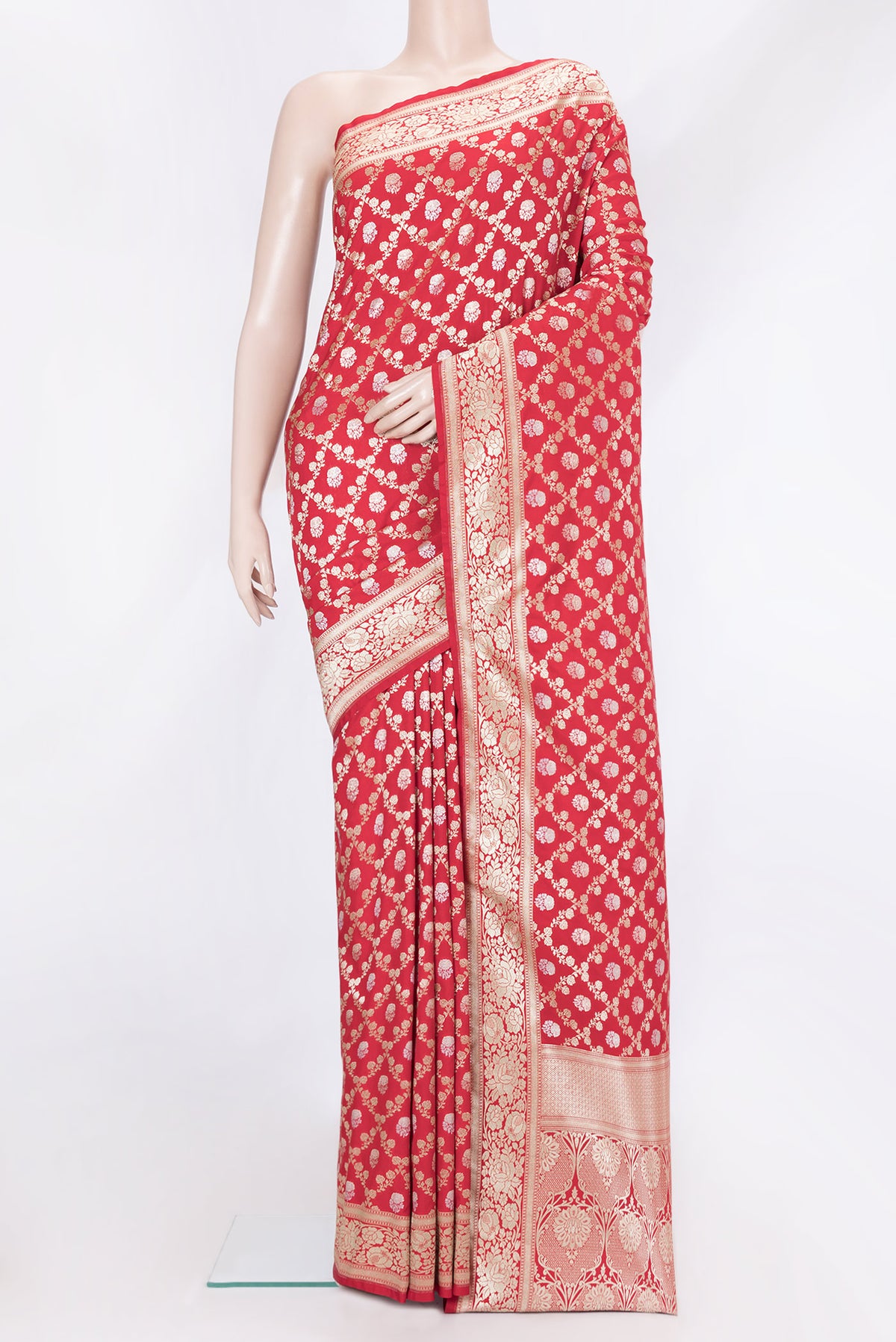 Red Dual Tone Banarasi Silk Saree with Zari Brocade on the body and Zari Border.  displayed on a mannequin