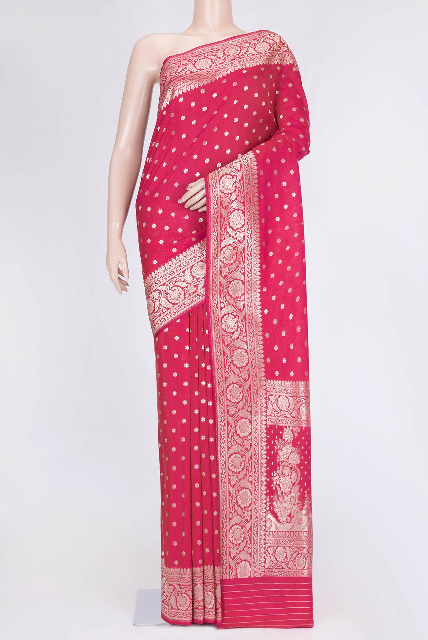 Pink Dual Tone Blended Banarasi Saree with Zari Butta on the body and Zari Border.  displayed on a mannequin