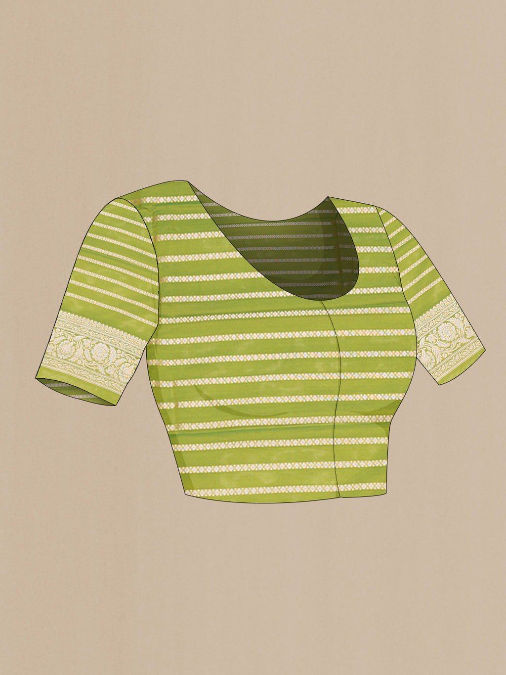 Close up image of the blouse of Parrot Green Dual Tone Blended Banarasi Saree with Zari Butta on the body and Zari Border. 