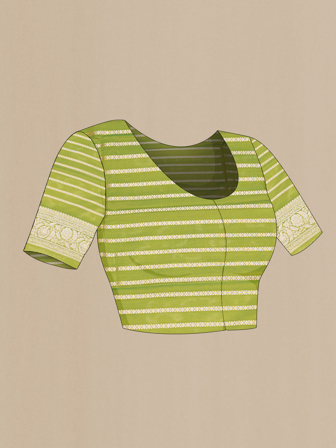 Close up image of the blouse of Parrot Green Dual Tone Blended Banarasi Saree with Zari Butta on the body and Zari Border. 