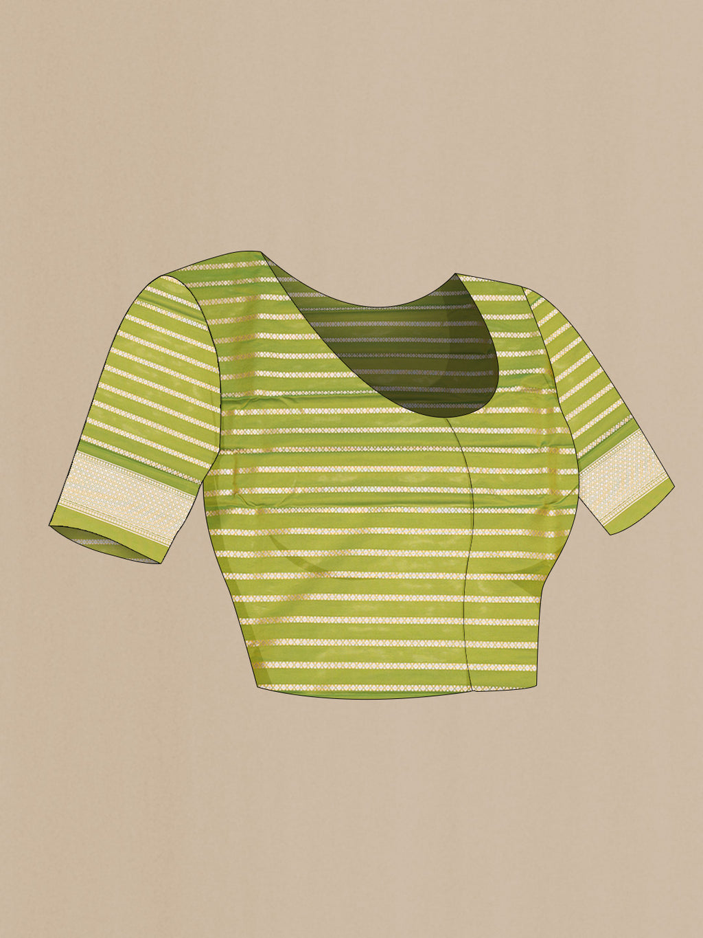 Close up image of the blouse of Parrot Green Dual Tone Blended Banarasi Saree with Zari Brocade on the body and Zari Border. 