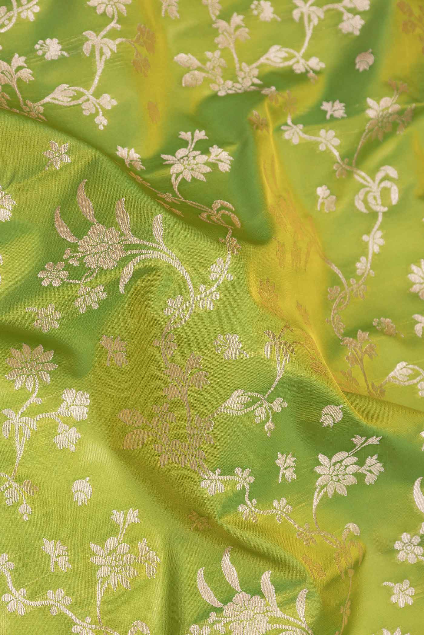 Close up of Parrot Green Dual Tone Blended Banarasi Saree with Zari Brocade on the body and Zari Border.  displaying folds