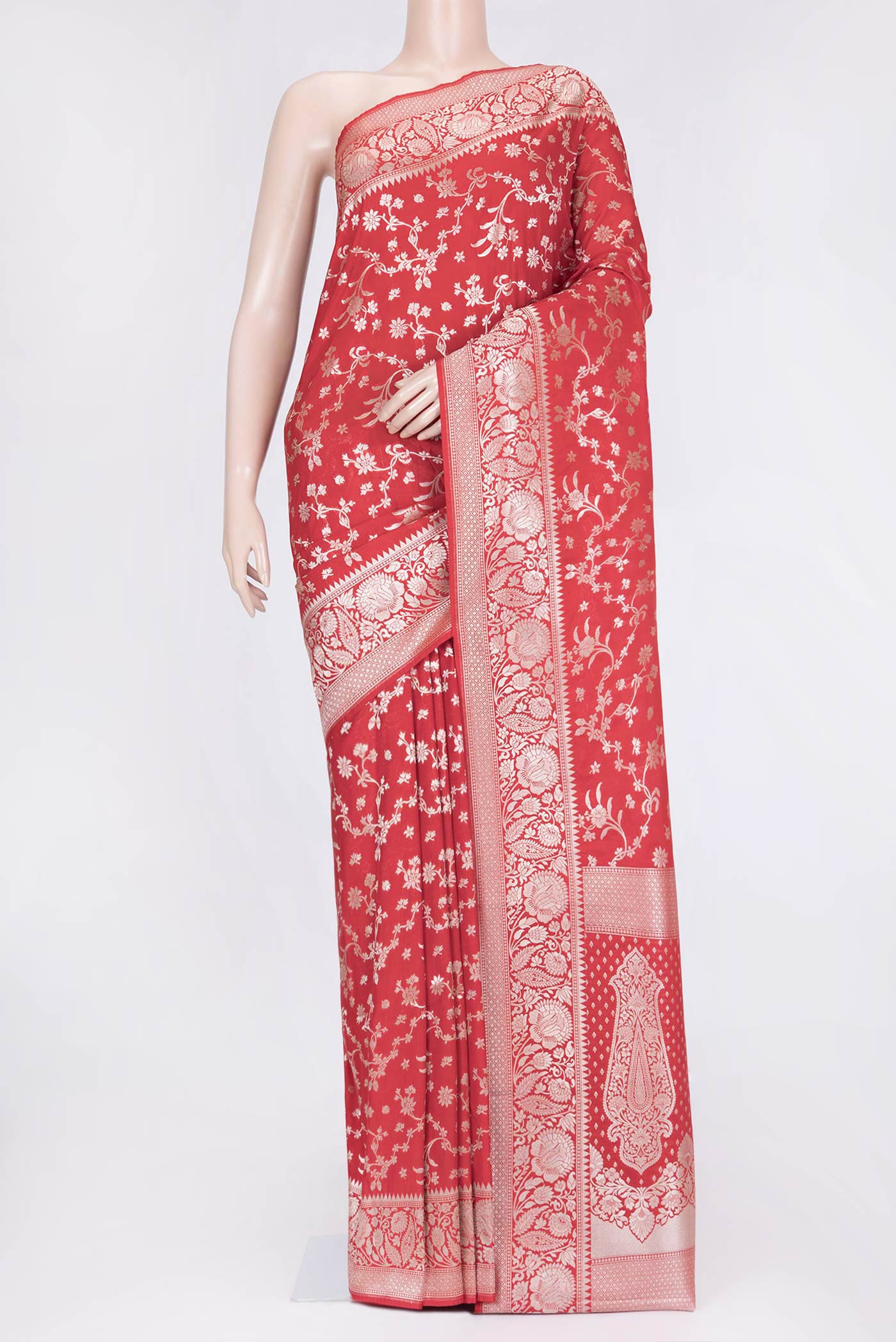 Red Dual Tone Blended Banarasi Saree with Zari Brocade on the body and Zari Border.  displayed on a mannequin
