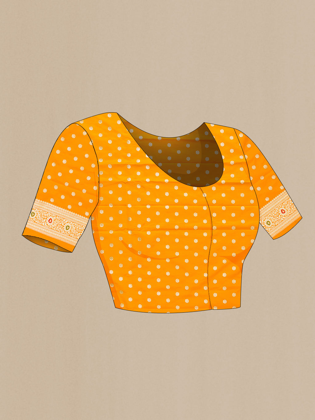 Close up image of the blouse of Mustard Dual Tone Blended Banarasi Silk Saree with Zari Brocade on the body and Zari Border. 