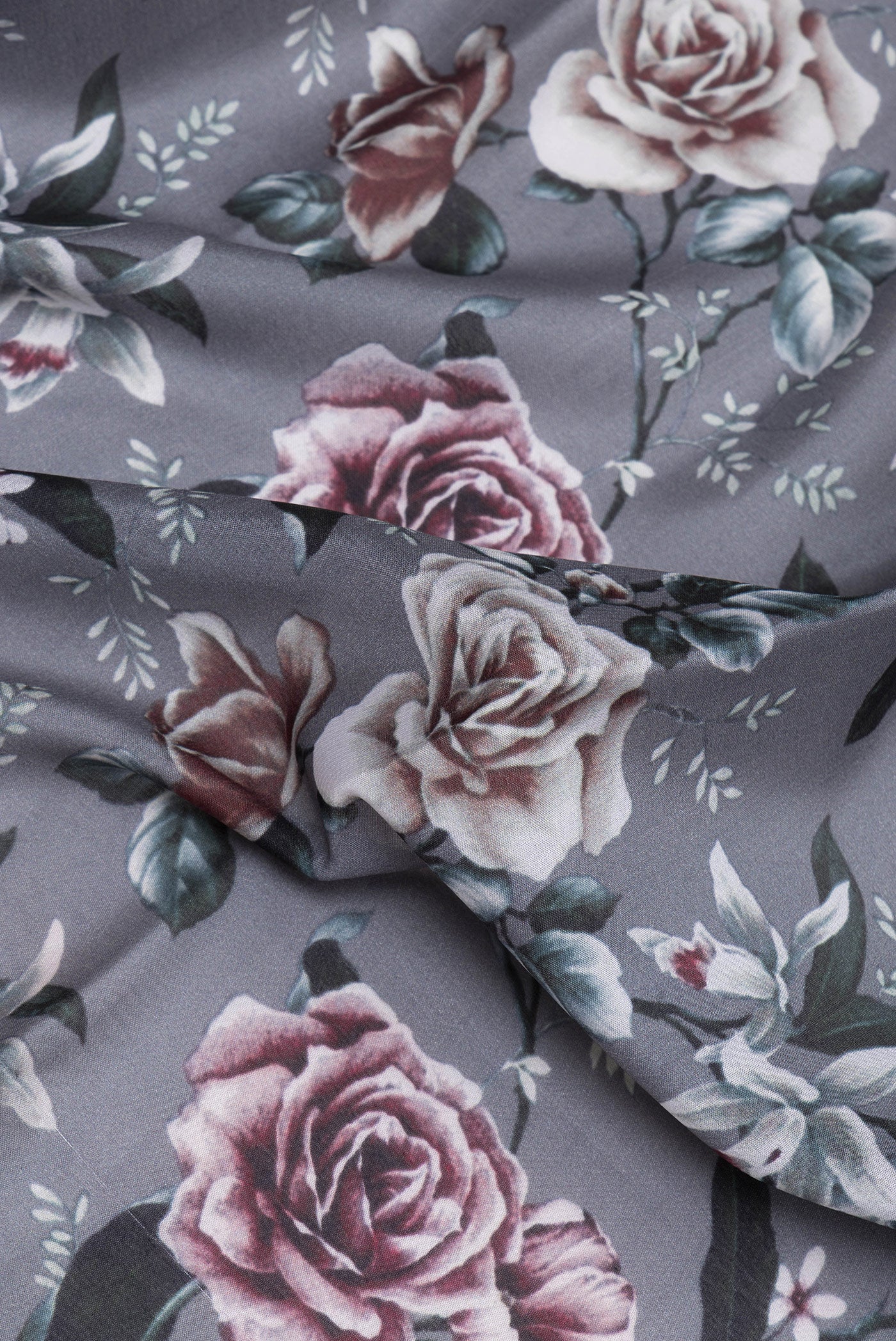 Close up of Grey Mysore Silk Saree with Printed design on the body and Zari Border.  displaying folds
