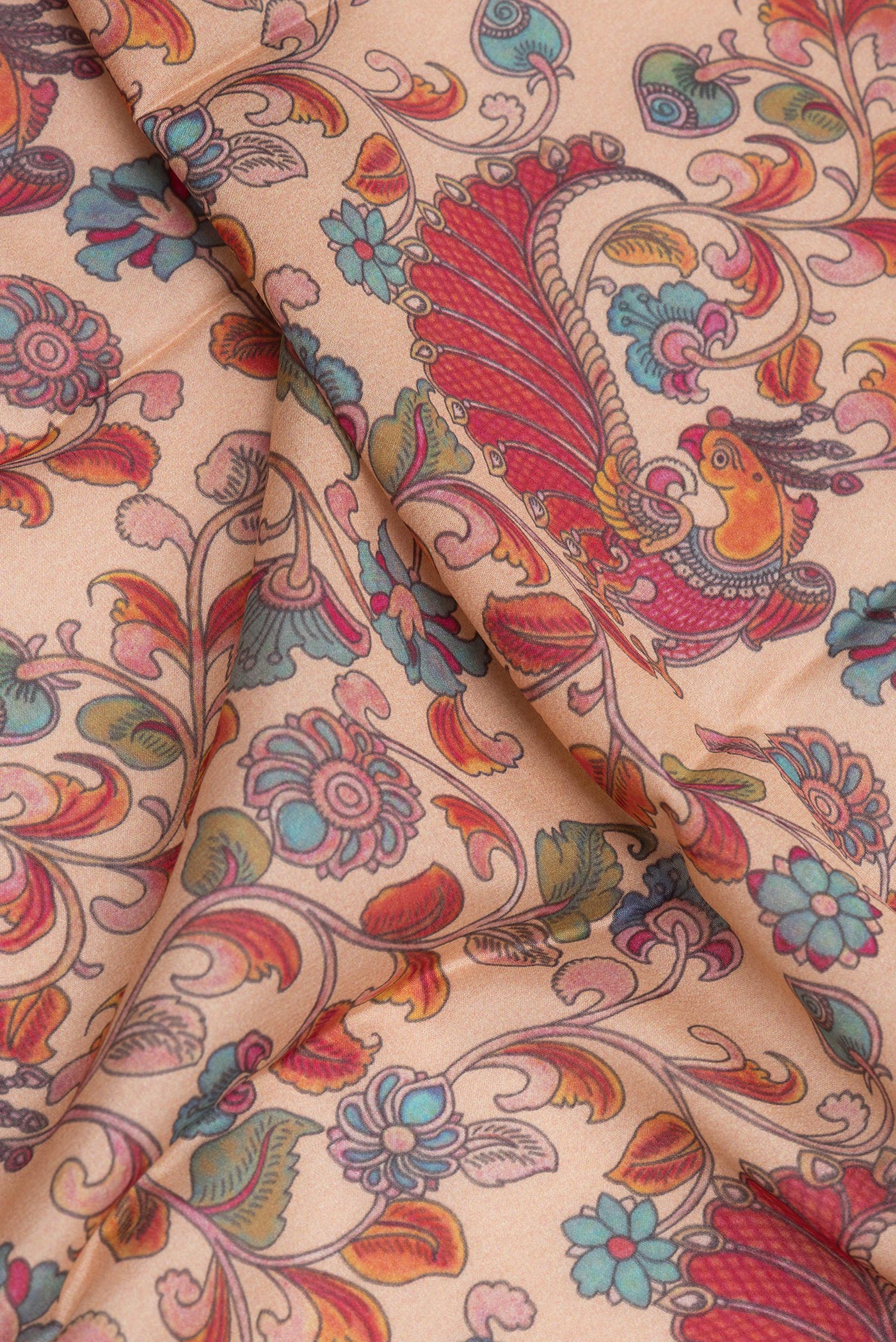 Close up of Sandal Mysore Silk Saree with Printed design on the body and Zari Border.  displaying folds