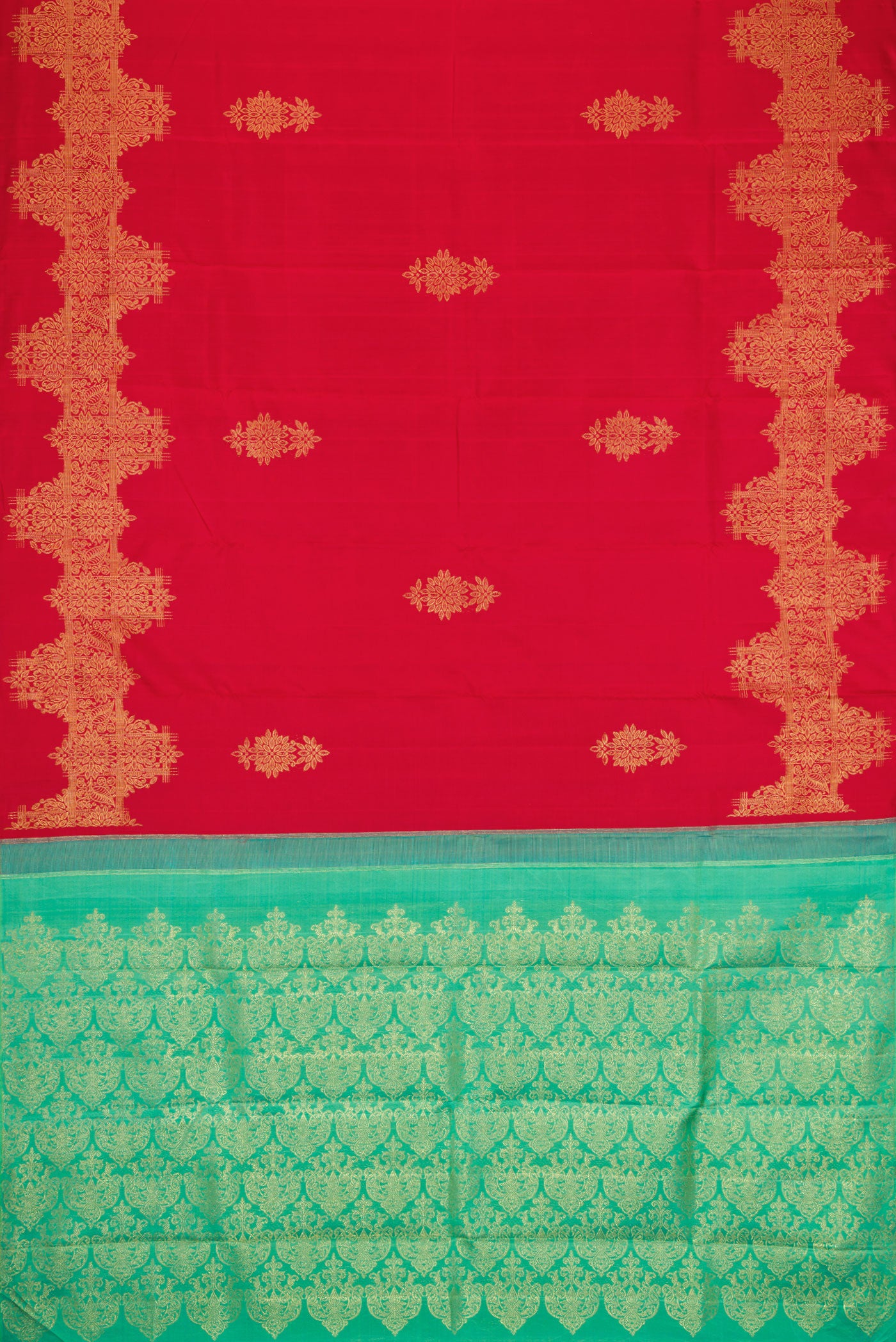 Flat view of Red Dual Tone Kanjivaram Silk Saree with Zari Butta on the body and Fancy Border. 