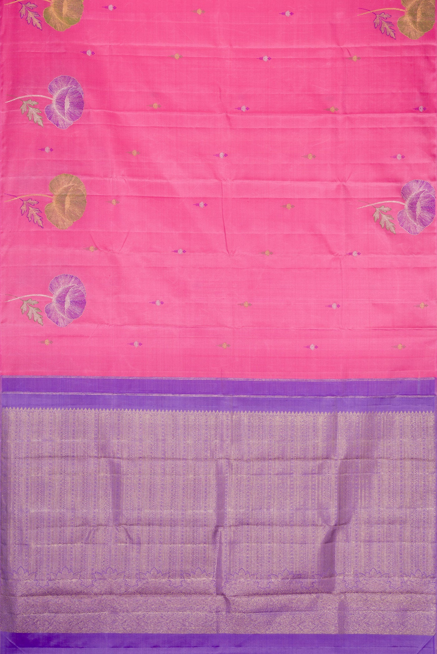Flat view of Pure Silk Pure Zari Pink Dual Tone Kanjivaram Saree with Zari Butta on the body and Fancy Border. 