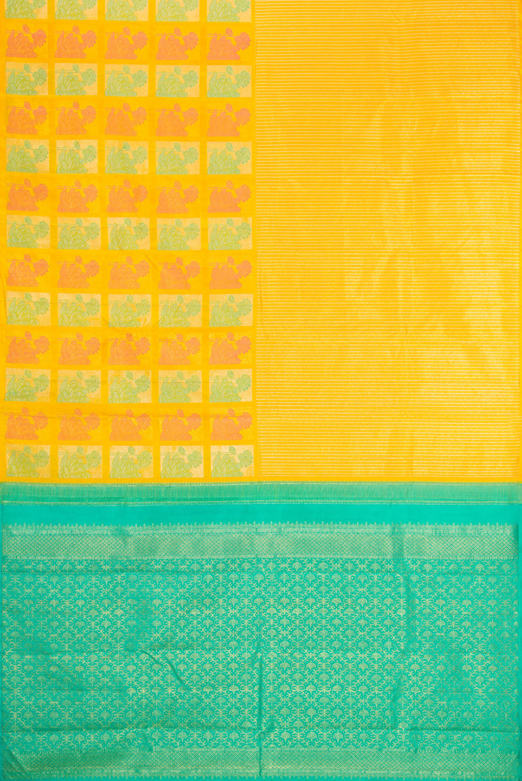 Flat view of Yellow Kanjivaram Silk Saree with Stripes on the body and Fancy Border. 
