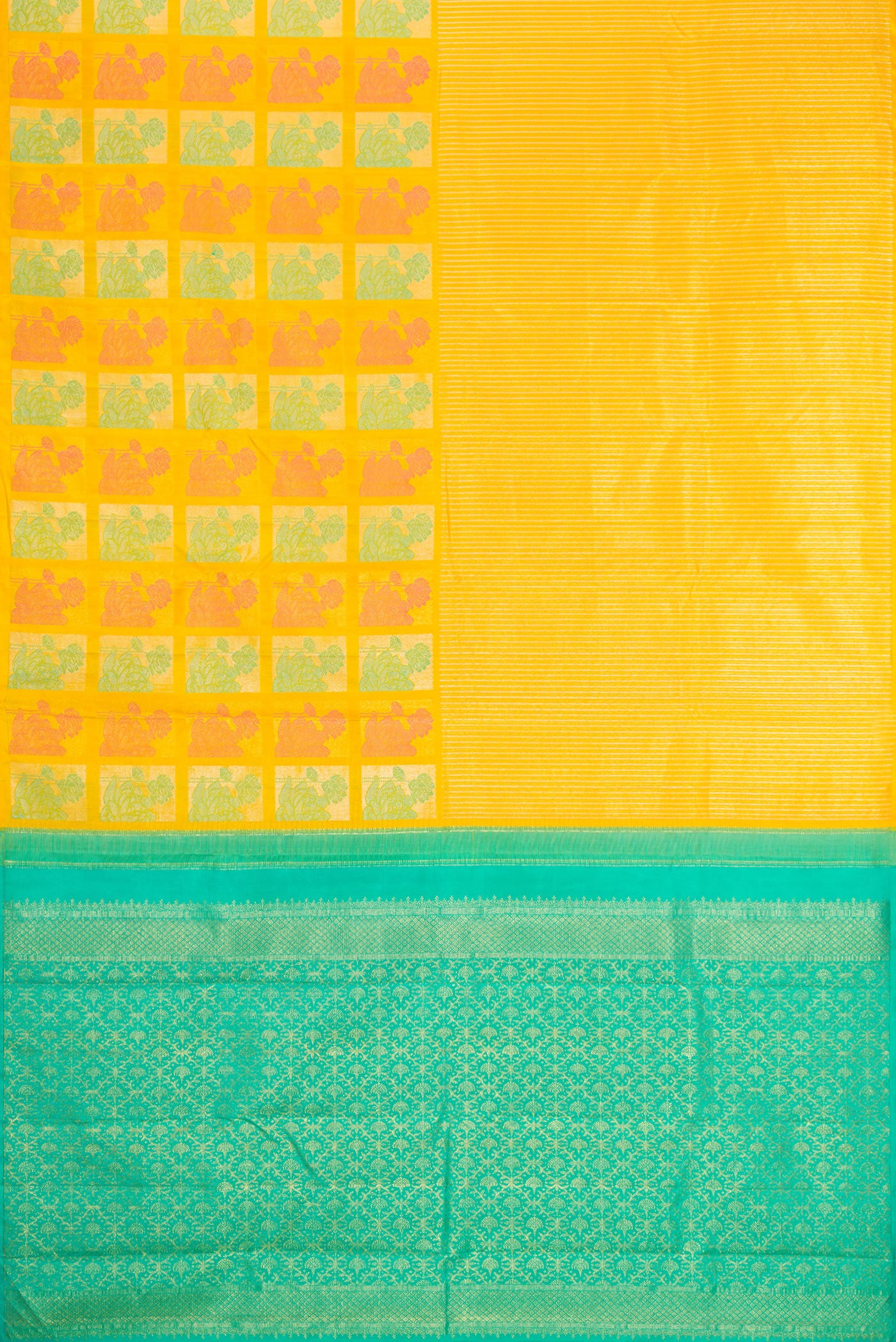 Flat view of Yellow Kanjivaram Silk Saree with Stripes on the body and Fancy Border. 
