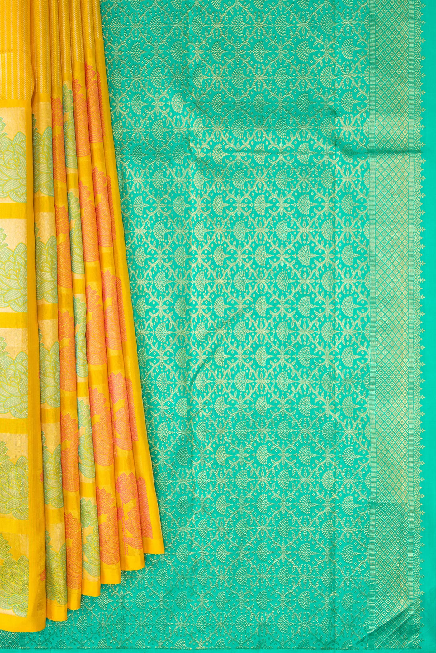 Pleats and pallu of Yellow Kanjivaram Silk Saree with Stripes on the body and Fancy Border. 