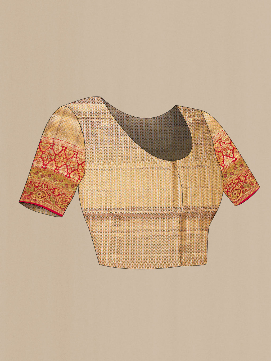 Close up image of the blouse of Gold Dual Tone Kanchipuram Tissue Silk Saree with Zari Brocade on the body and Fancy Border. 