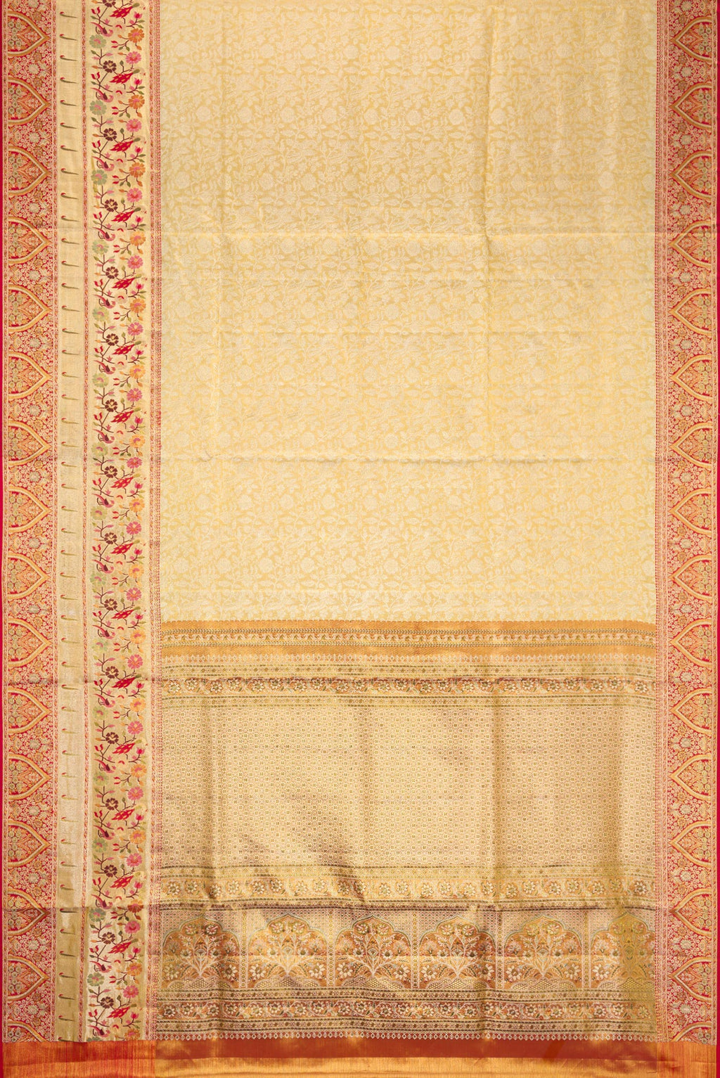 Flat view of Gold Dual Tone Kanchipuram Tissue Silk Saree with Zari Brocade on the body and Fancy Border. 