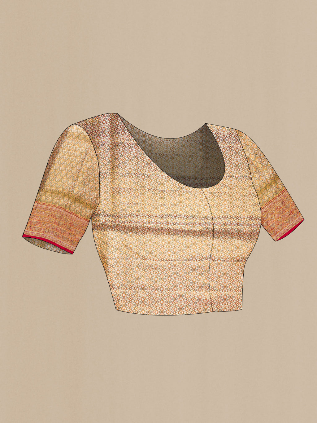 Close up image of the blouse of Gold Dual Tone Kanchipuram Tissue Silk Saree with Zari Brocade on the body and Zari Border. 