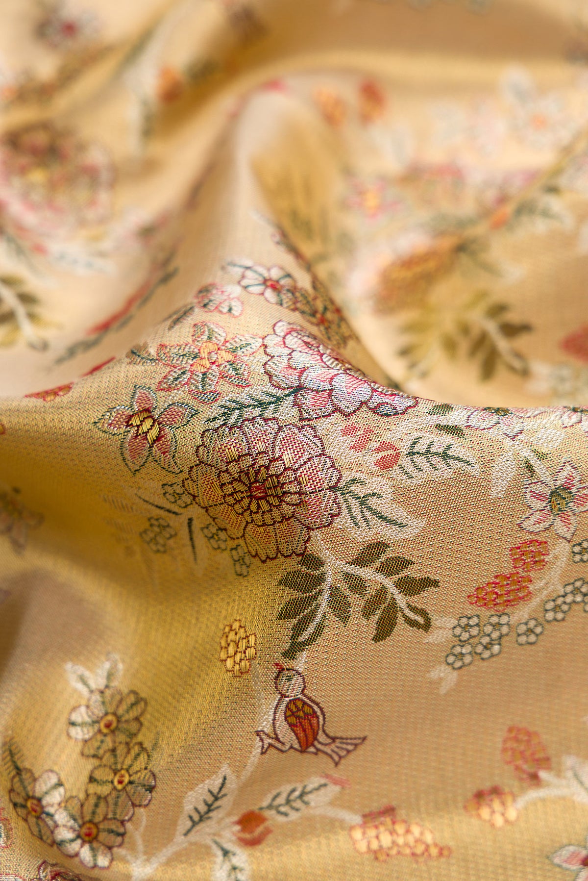 Close up of Gold Dual Tone Kanchipuram Tissue Silk Saree with Zari Brocade on the body and Zari Border.  displaying folds