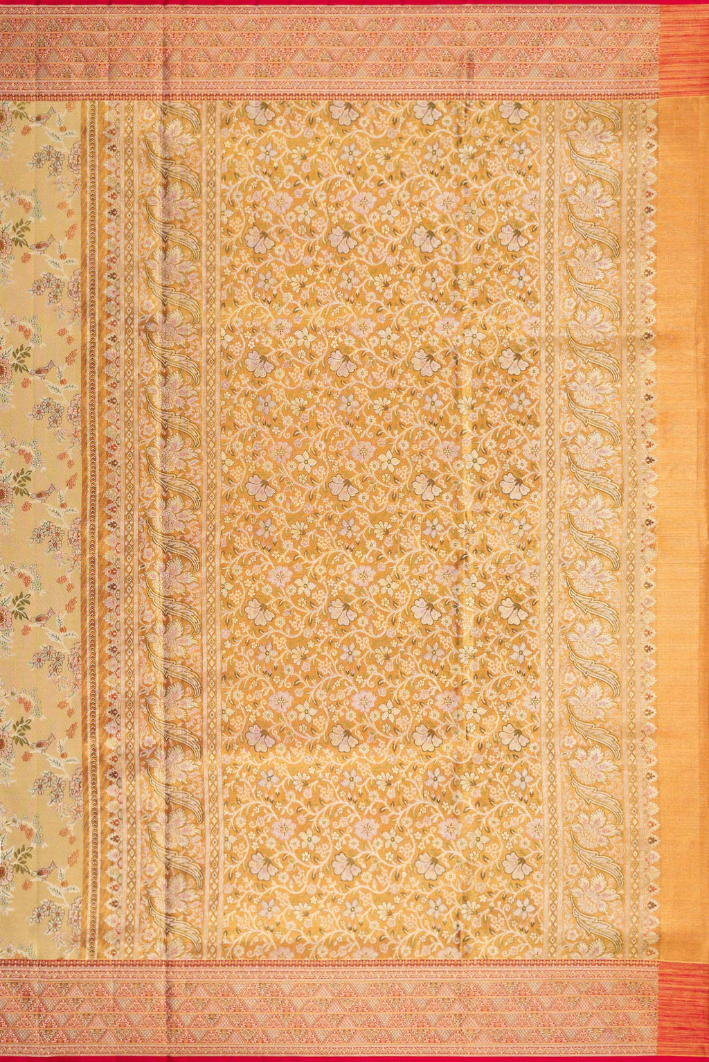 Close up image of the pallu of Gold Dual Tone Kanchipuram Tissue Silk Saree with Zari Brocade on the body and Zari Border. 